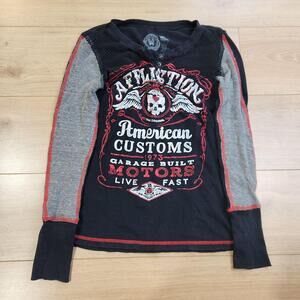 Affliction Shirt Womens Medium Black Thermal Henley American Customs Biker